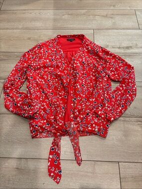 The Limited Red Floral Tie-Front Blouse